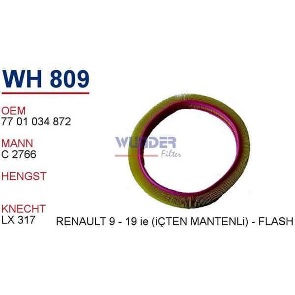 WUNDER WH809 Hava Filtresi R11 Flash R19 CLIO I Express Megane 