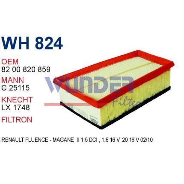 WUNDER WH824 Hava Filtresi Renault Fluence-Megane III 1.5 Dci, 1.6 16V, 2.0 16V 02/10-