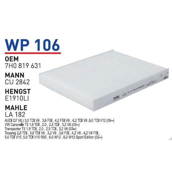 WUNDER WP106 Polen Filtresi Amarok 10- Touareg 03- Transporter T5 03- / Q7 06- / Cayenne 03- Cu2842