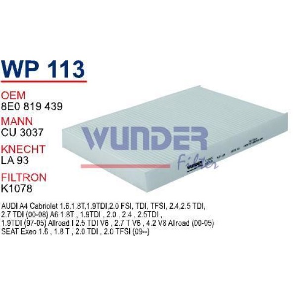 WUNDER WP113 Polen Filtresi A4 00-04 A6 97-05 / Exeo