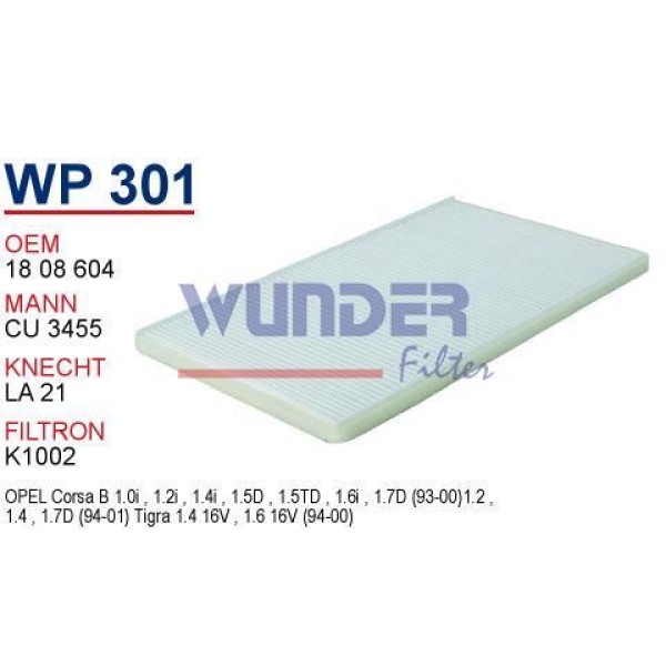 WUNDER WP301 Polen Filtresi Corsa B 93-00 Combo 94-01 Tigra 94-00 