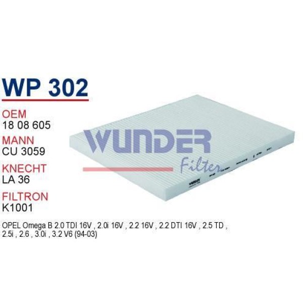 WUNDER WP302 Polen Filtresi Opel Omega B 2.0 TDI-2.0İ-2.2 16V