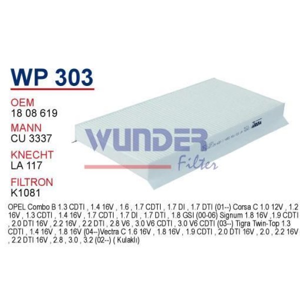 WUNDER WP303 Polen Filtresi Opel Corsa C - Vectra C 