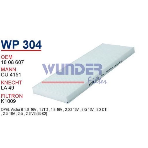 WUNDER WP304 Polen Filtresi Opel Vectra B 1.6İ-1.7Td-1.8İ-2.6 V6-98 