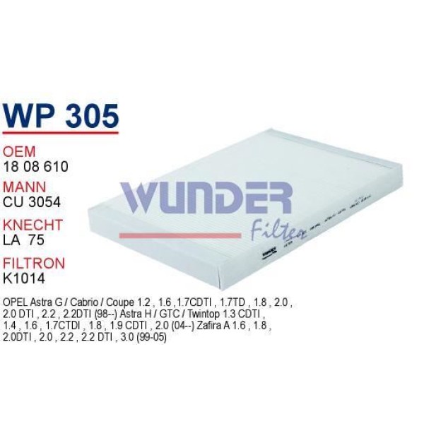 WUNDER WP305 Polen Filtresi Opel Astra G 2001 - Astra H - Zafira