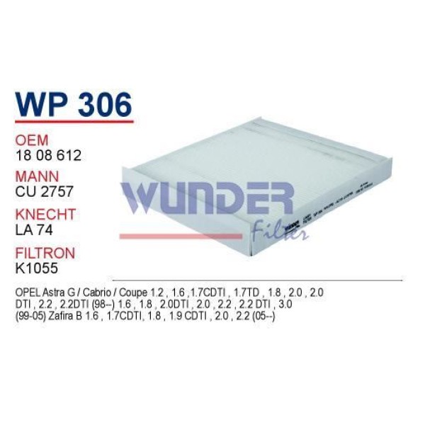WUNDER WP306 Polen Filtresi Astra G 98- Zafira A 99- Zafira B 04- Kare Tıp