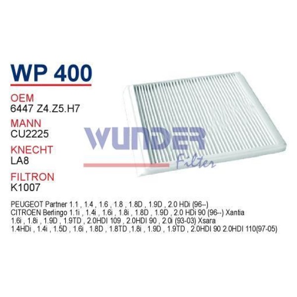 WUNDER WP400 Polen Filtresi Citroen Xsara - Xantia - Berlingo 