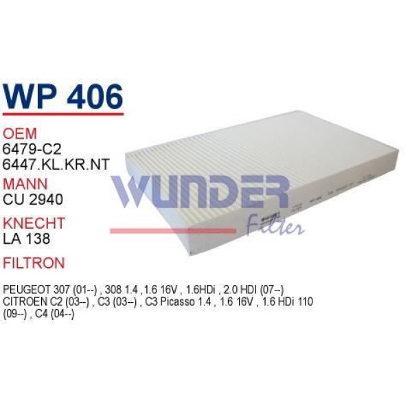 WUNDER WP406 Polen Filtresi 307 00- 308 07- 1007 05- Rcz 10- / C2 03- C3 02- C4 04- Ds4 11-