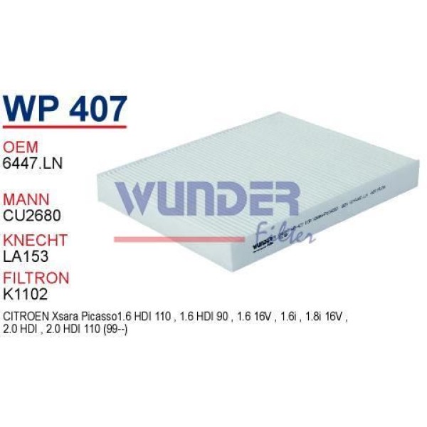 WUNDER WP407 Polen Filtresi Citroen Xsara Picasso