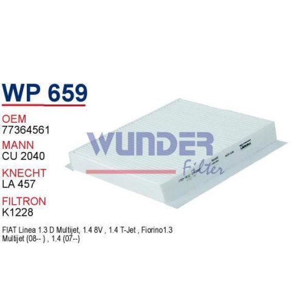 WUNDER WP659 Polen Filtresi Linea 07- Egea 15- Doblo 10- Fiorino 08- / Bipper / Nemo Cu2040 