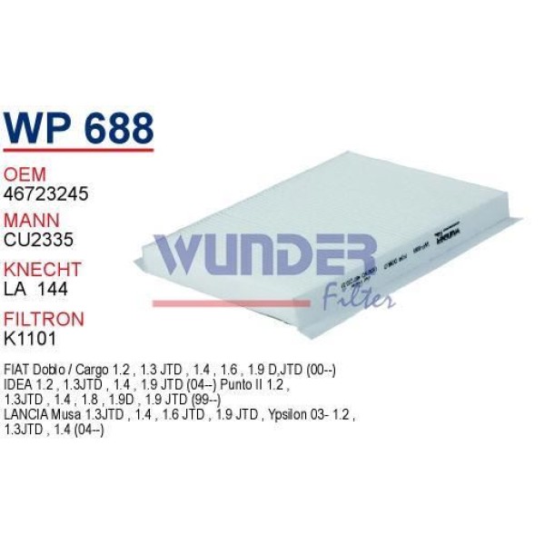 WUNDER WP688 Polen Filtresi Doblo 01- Idea Punto 09- / Musa 04- Ypsılon 03- Cu2335 Fn0082 