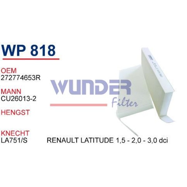 WUNDER WP818 Polen Filtresi Renault Latitude 1,5 - 2,0 - 3,0 Dci 