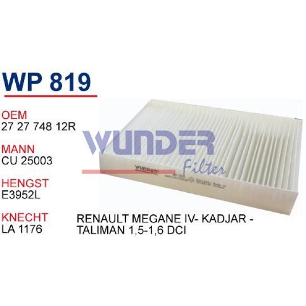 WUNDER WP819 Polen Filtresi Renault Megane IV-Scenic IV -Espace - Kadjar -Talisman 1,5-1,6 Dci