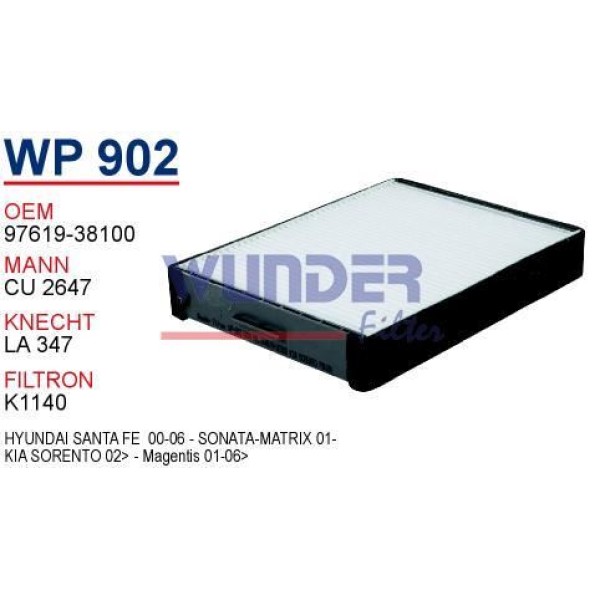 WUNDER WP902 Polen Filtresi Sonata 98-04 Santafe 01-06 Trajet 00-08 Xg 98-05 / Magentıs 01- Sorento