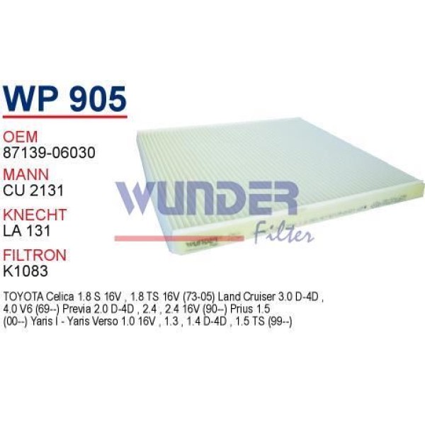 WUNDER WP905 Polen Filtresi Toyota Yaris 1.8