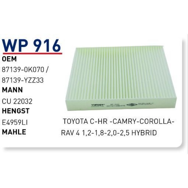 WUNDER WP916 Polen Filtresi Toyota C-Hr -Camry-Corolla-Rav 4 1,2-1,8-2,0-2,5 Hybrid