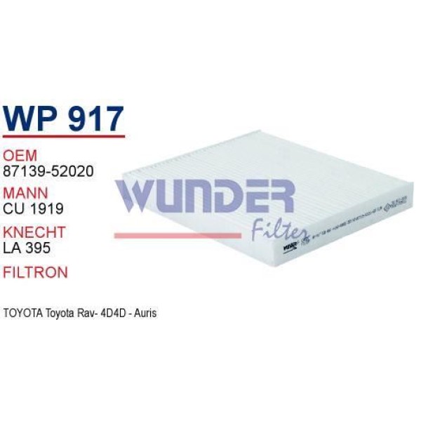 WUNDER WP917 Polen Filtresi Corolla 07-11 Auris 07-11 Yaris 06-11 Rav4 06-11 LandCruiser 08- Hilux 0