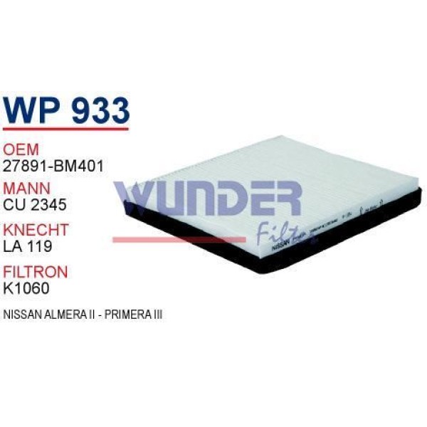 WUNDER WP933 Polen Filtresi Nissan Almera II - Primera III 