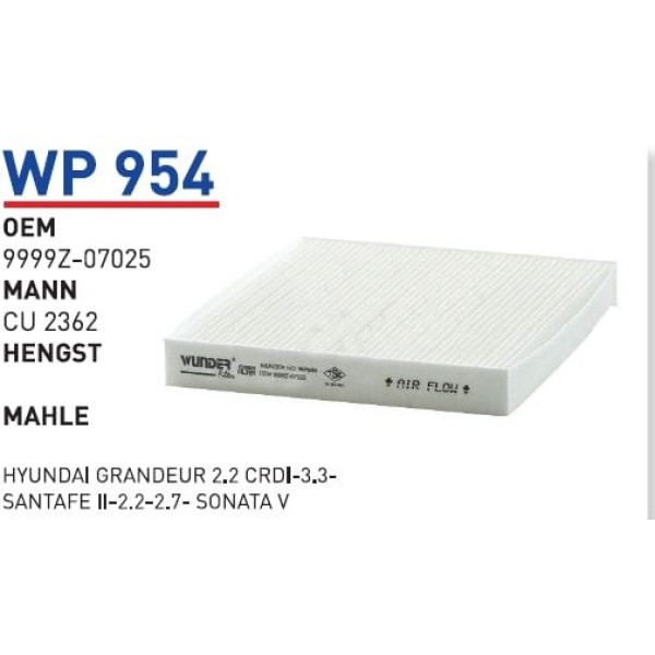 WUNDER WP954 Polen Filtresi Hyundai Grandeur 2.2 CRDI-3.3-Santafe II-2.2-2.7- Sonata V