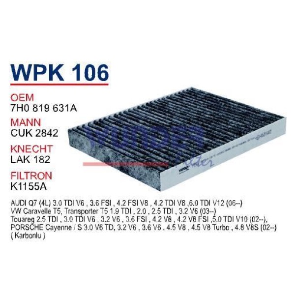 WUNDER WPK106 Polen Filtresi Volkswagen T5-Cayenne-Touareg (Karbonlu)