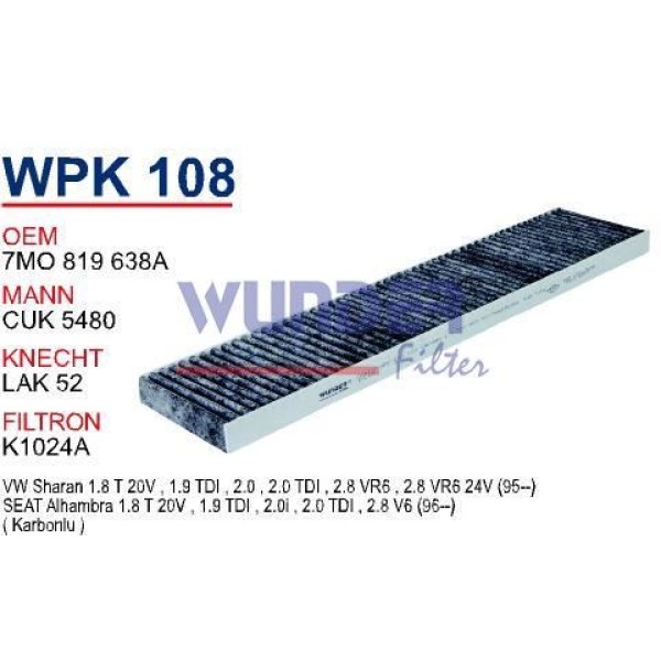 WUNDER WPK108 Polen Filtresi Ford Galaxy 1.9 TDI-2.0İ-2.8İ V6 (Karbonlu) 