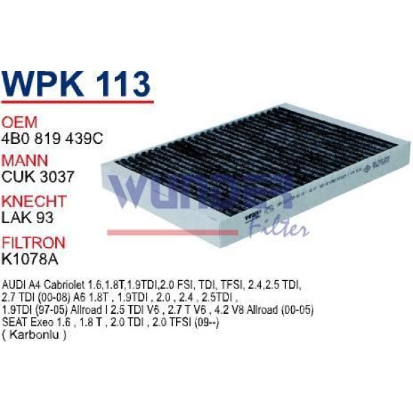 WUNDER WPK113 Polen Filtresi Audi A4 00- A6 97- (Karbonlu)