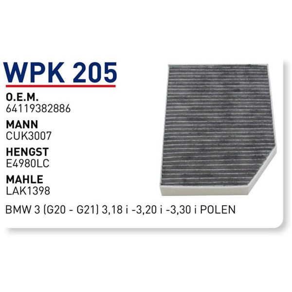 WUNDER WPK205 Polen Filtresi Bmw 3 (G20 - G21) 3,18 İ -3,20 İ -3,30 İ 