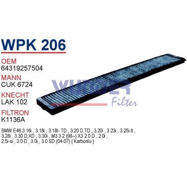 WUNDER WPK206 Polen Filtresi Bmw 3 Serie E46 (Karbonlu) 