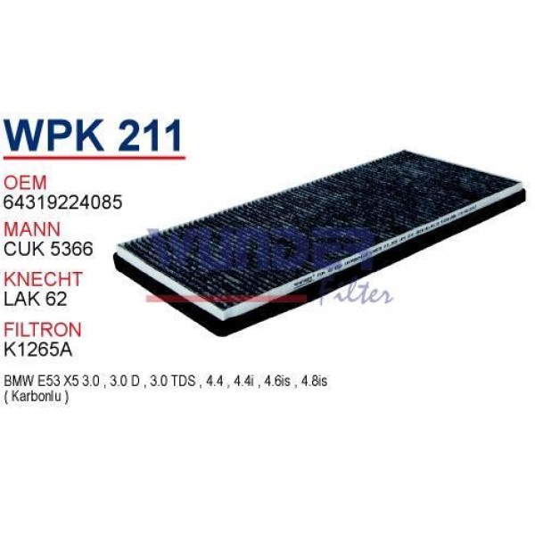 WUNDER WPK211 Polen Filtresi Bmw X5 E53 (Karbonlu) 