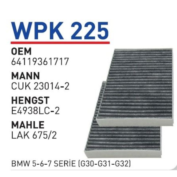 WUNDER WPK225 Polen Filtresi Bmw 5-6-7 Seri Cuk23014-2 Fn8620