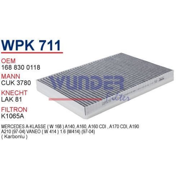 WUNDER WPK711 Polen Filtresi Mercedes 168 Kasa A Klass - Vaneo (Karbonlu) 