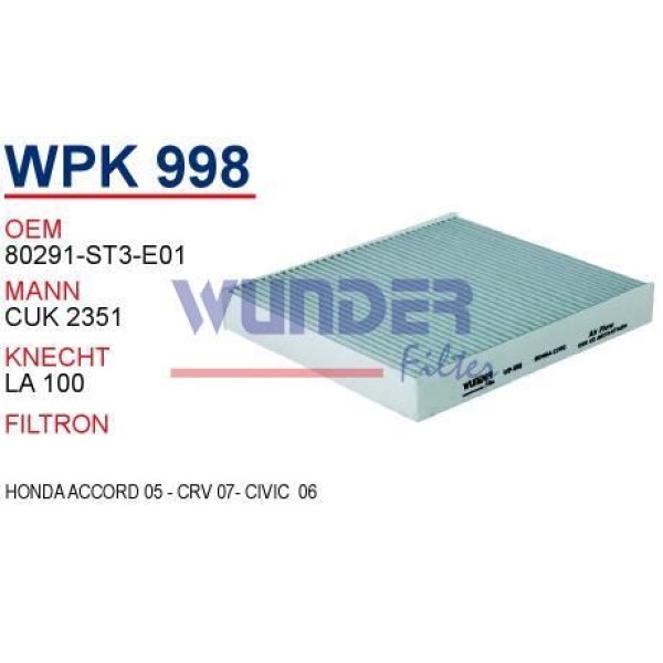 WUNDER WPK998 Polen Filtresi Honda Civic VI - Crv VI Kare E.Model 