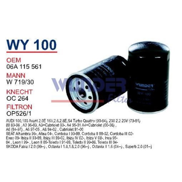 WUNDER WY100 Yağ Filtresi Golf III IV Bora Polo Passat Caddy Transporter T5 Lt28-35 / A3 A4 A6 A8 / 