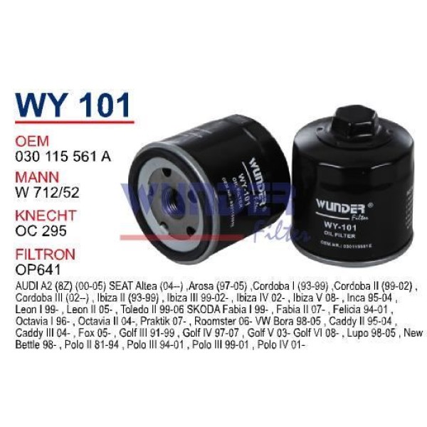 WUNDER WY101 Yağ Filtresi Golf V Golf Vıı Bora Polo Hb 10- / Ibiza Leon / Fabia Octavia 1.4 1.6 1.4 