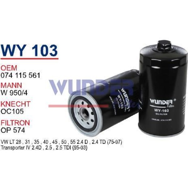 WUNDER WY103 Yağ Filtresi Transporter T4 90-03 Lt28-35 82-96 2.4 2.5 TDI W9504