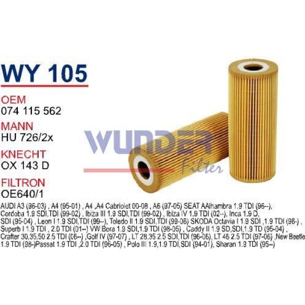 WUNDER WY105 Yağ Filtresi Golf IV Bora Passat Caddy II Transporter T5 Lt35 Crafter / A4 1.9 TDI Agr