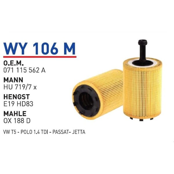 WUNDER WY106M Yağ Filtresi Volkswagen T5 - Polo 1.4 TDI - Passat- Jetta Mann Type