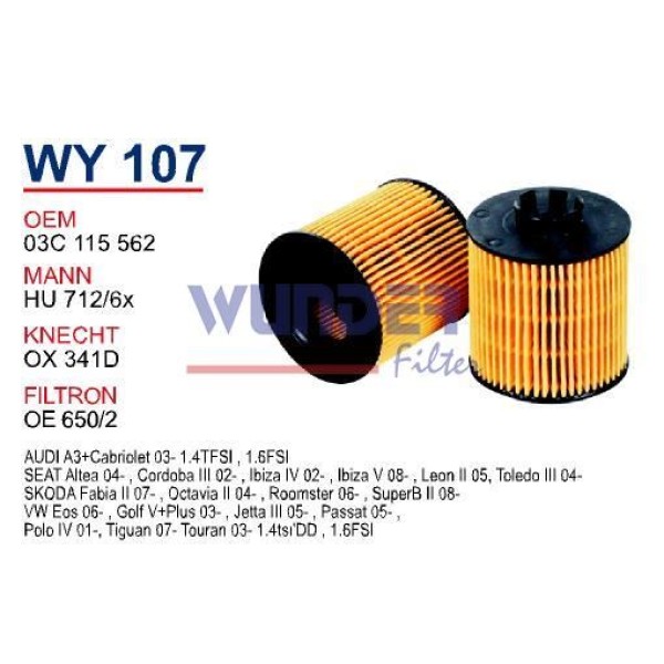 WUNDER WY107 Yağ Filtresi Golf V Polo Jetta Passat / A3 / Fabia