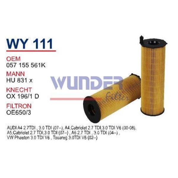 WUNDER WY111 Yağ Filtresi Touareg / A4 A6 A8 Q7 2.7 TDI 3.0 TDI