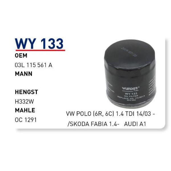 WUNDER WY133 Yağ Filtresi VW Polo (6R, 6C) 1.4 TDI 14/03 - /Skoda Fabia 1.4-Audi A1