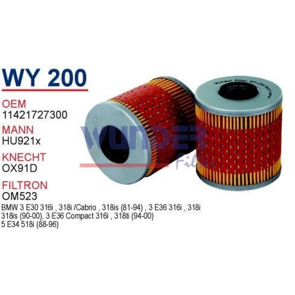 WUNDER WY200 Yağ Filtresi Bmw 3 E30 E36 Bmw 5 E34 316I 318I 518I