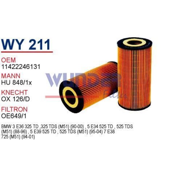 WUNDER WY211 Yağ Filtresi Bmw E34 525Td - E39 525Td - E38 525Td M51