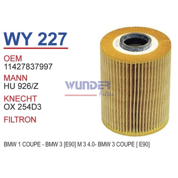 WUNDER WY227 Yağ Filtresi Bmw 1 Coupe -Bmw 3 (E90)M3 4,0 - Bmw 3 Coupe (E92)