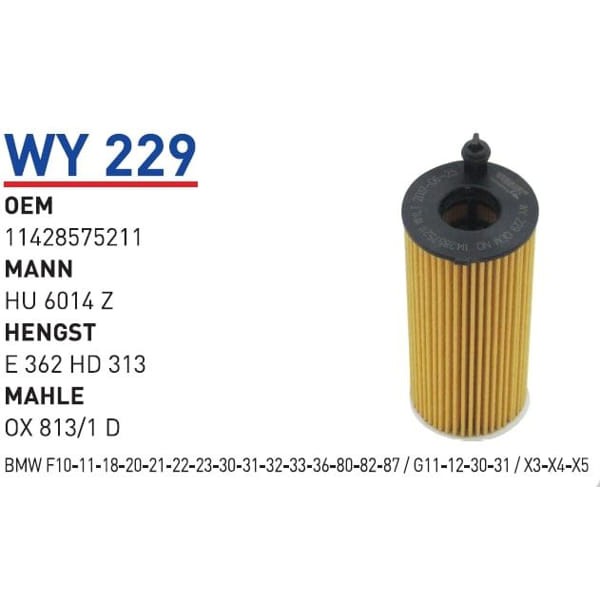 WUNDER WY229 Yağ Filtresi Bmw F10-11-18-20-21-22-23-30-31-32-33-36-80-82-87 / G11-12-30-31 / X3-X4-X 