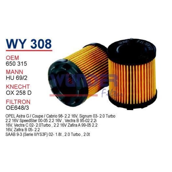 WUNDER WY308 Yağ Filtresi Opel Vectra 2200 16V - Corsa 