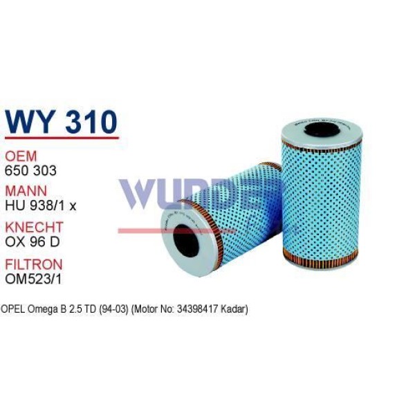 WUNDER WY310 Yağ Filtresi Opel Omega B 2.5 Td 