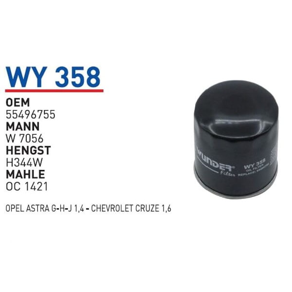 WUNDER WY358 Yağ Filtresi Opel Astra G-H-J 1,4 - Chevrolet Cruze 1,6 