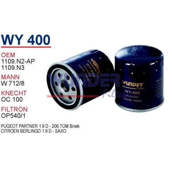 WUNDER WY400 Yağ Filtresi Scudo Ducato / 106 206 305 306 307 309 405 406 407 Partner Boxer / C4 C5 B