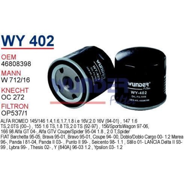 WUNDER WY402 Yağ Filtresi Alfa Romeo 156 1.6 16V 