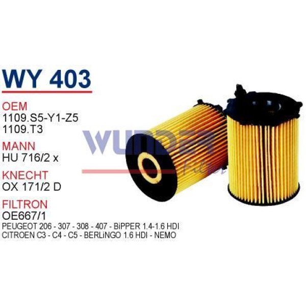 WUNDER WY403 Yağ Filtresi C3 C4 C5 Berlingo 1,6 HDI Hu716/2 Fn0117 
